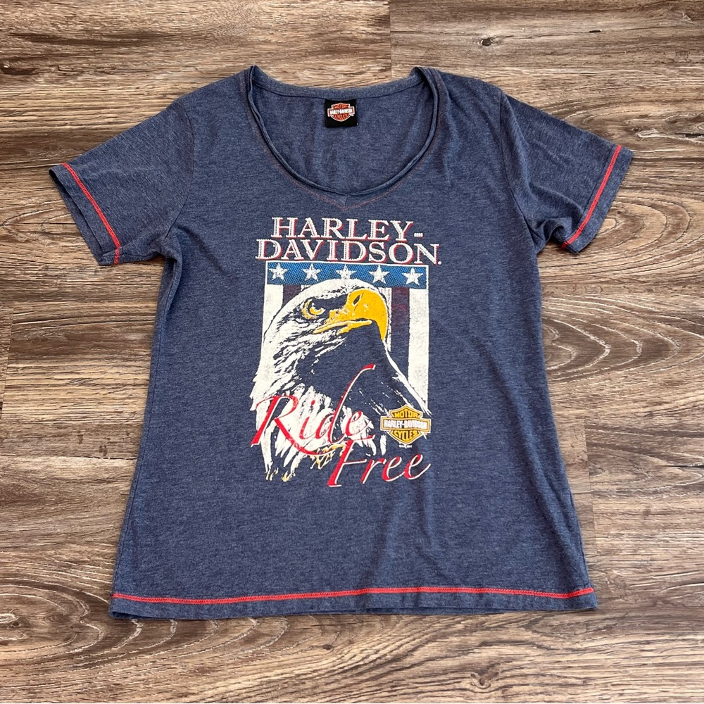 Harley Davidson Women's‎ Short Sleeved Blue T Shirt Size Large Eagle Ride Free.